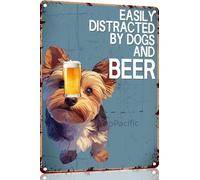 Aluminium Metal Sign Funny Easily To Distracted By Dogs And Beer Yorkie Wall Art Retro Home Club Bar Decoration Metal Tin Sign 8x12 Inch