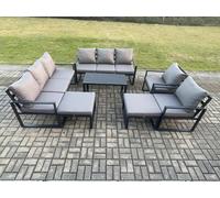 Aluminium Outdoor Garden Furniture Lounge Sofa 2 PC Chairs Oblong Coffee Table Sets with 2 Big Footstools Dark Grey Fimous Dark Grey One Size