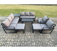 Aluminium Outdoor Garden Furniture Lounge Sofa 2 PC Chairs Oblong Coffee Table Sets with Side Table 2 Big Footstool Dark Grey Fimous Dark Grey One Size
