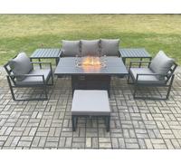Aluminium Outdoor Garden Furniture Set Gas Fire Pit Dining Table Set Gas Heater Burner with 2 Arm Chair 2 Side Tables Big Footstool Fimous Dark Grey One Size