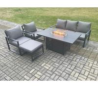 Fimous Aluminium Outdoor Garden Furniture Set Gas Fire Pit Dining Table Set Gas Heater Burner with 2 Arm Chair Big Footstool Dark Grey 6 Seater