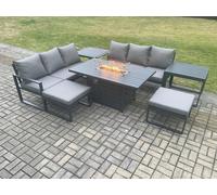 Fimous Aluminium Outdoor Lounge Sofa Garden Furniture Sets Gas Fire Pit Dining Table Set with 2 Big Footstools 2 Side Tables Dark Grey