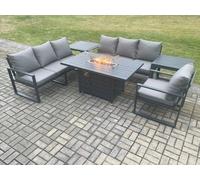 Fimous Aluminium Outdoor Lounge Sofa Garden Furniture Sets Gas Fire Pit Dining Table Set with 2 Side Tables Dark Grey