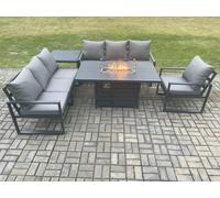 Fimous Aluminium Outdoor Lounge Sofa Garden Furniture Sets Gas Fire Pit Dining Table Set with Side Table Dark Grey