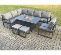 Fimous Aluminum Outdoor Garden Furniture Set Corner Sofa Chair Gas Fire Pit Dining Table Set Heater Burner 9 Seater