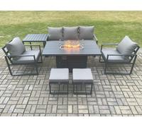Aluminium Patio Outdoor Garden Furniture Lounge Sofa Set Gas Fire Pit Dining Table with Side Table 2 Small Footstools Dark Grey Fimous Dark Grey One Size