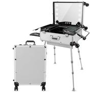 Aluminium Suitcase with LED Light Makeup Trolley Rolling Makeup Case with Legs Suitcase Vanity with Lights with Stand Makeup Mirror Vanity Station, Silver., 21 in, Comfortable, Practical, Large