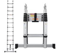 Aluminium Telescopic Folding Loft Ladder, 3.8M Multi Purpose A Frame with Stabiliser, 6+6 Steps Foldable Extension Ladder for Attic, Roof, Home