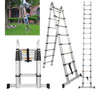 Aluminium Telescopic Ladder 5 Metre with Stabilizer, 2.5M+2.5M A-Frame Extension Ladder, Multi-Purpose Ladders Extendable Loft Ladder Portable Folding Ladder, 16 Steps Roof Ladder, Max Load 330lbs