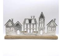 Aluminium Townscape Tealight Holder 32cm Village Scene on Wooden Base Home Decor Ornament