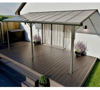 Aluminium Wall Mounted Pergola, Adjustable Pitch & Post Positions, Polycarbonate Roof Lean-To Gazebo - 10Ft X 20Ft (3.0X6.2M)