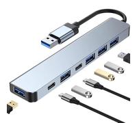 Aluminum 7 in 1 USB Hub, Multiport USB Splitter Adapter with 5 USB & 2 USBC Ports for MacBook, ipad, Laptop, PS4, Flash Drive, HDD, Xbox, Printer, Mouse, Keyboard, HP