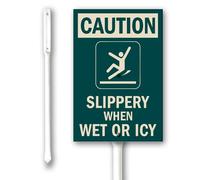 Aluminum Caution Sign 7"x8.8" Slippery When Wet Or Icy With Stake