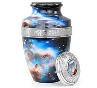 Aluminum Decorative Funeral Urns for Cremated Human Ash Remains Storage | Beautiful Galaxy Funeral Pot for Pet Loss & Loved Ones | Large Size Engraved Metal Urns Premium Finish (Faint Blue)