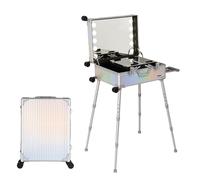 Aluminum Makeup Train Case with LED Light - Professional Cosmetic Organizer Station with Stand - Portable Rolling Vanity for Makeup Artists