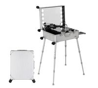 Aluminum Makeup Train Case with LED Light - Professional Cosmetic Organizer Station with Stand - Portable Rolling Vanity for Makeup Artists