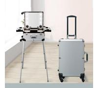 Aluminum Makeup Train Case with Light Up Mirror, Professional Portable Rolling Makeup Box for Artists, Free Standing Travel Case