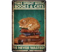 Aluminum Sign Poster Black Cat Decor,Time Spent with Books & Cats Never Wasted,Cat Decor for Cat Lovers,Kitchen Signs for Home Coffee Bar Pub Cafe,Funny Vintage Wall Decor of Bathroom 8x12 Inch
