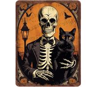Aluminum Sign Skull Decor Retro Metal Sign Skeleton with Black Cat Funny Vintage Tin Sign Halloween-Themed Bar Decor 5.5"x8"