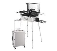 Aluminum Trolley Makeup Case with LED Light,Professional Cosmetic Organizer Studio with Speaker and Stand,Rolling Makeup Train Case(Silver)