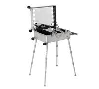 Aluminum Trolley Makeup Train Case with Built-in LED Lights, Professional Cosmetic Organizer with Stand, Rolling Lighted Makeup Vanity Station, Travel Case