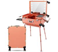 Aluminum Trolley Makeup Train Case with Led Light Rolling Makeup Case with Legs Suitcase Vanity with Lights with Stand Mirror Makeup Vanity Station, Golden, 24 Inch, Convenient, Practical, Large