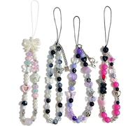ALUNME 4 Pcs Decorative Phone Charm Wrist Straps, Pearl and Crystal Beaded with Bows and Hearts (4 Colorful)