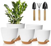 ALUNME 5 Pack Plant Pots 7/6.5/6/5.5/5 Inch Self Watering Planters with Mesh Drainage Holes and 3 Garden Tools for Indoor Outdoor Garden Plants Flowers (White 5 Pack)