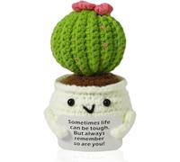 ALUNME Crochet Cactus Plush with Inspirational Card, Handmade Funny Plant with Positive Quote Tough Like You, Cute Desk Decor for Office & Home Encouragement Gift
