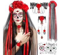 ALUNME Halloween Day of the Dead Women's Headband with Veil, Rose Crown & Sugar Skull Face Tattoos - Halloween Costume Accessories