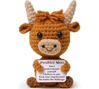 ALUNME Positive Moo,Knitted Highland Cow Plush with Inspirational Card, Funny Emotional Support Gift for Women Friends, Cute Crochet Doll for Cheering Up, Christmas Birthday Keepsake