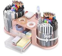 ALUNME Rotating Desk Organizer with 2 Rotating Pen Holder 10 Compartments and 3 Drawer,Pencil Storage Organizer Desk Organizer and Accessories for Office Stationery Supplies (pink)
