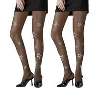 ALUNME Star Pattern & Skull Fishnet Tights, 2 Pcs Black Mesh & Striped Fishnets, Sexy Fish Net Stockings for Women (UK, Alpha, One Size, Regular, Regular, White Star 2)