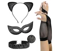 ALUNME Women's Halloween Black Cat Cosplay Accessory Set: Cat Ears + Mask + Sequined Collar Choker + Lace Fishnet Arm Sleeves/Gloves