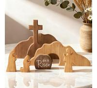 ALUNME Wooden Resurrection Scene Set with Empty Tomb and Cross, He is Risen Farmhouse Style Decor, Religious Decoration for Home Office Kitchen Shelf