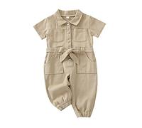 Alunsito Baby Girls Solid Romper Newborn Infant Short Sleeve Bodysuit Jumpsuit Toddler Summer Long Pants Sets 110 Khaki 3-4 Years