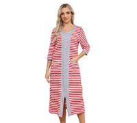 Alunsito House Dresses for Womens Robe Long Zip Up Housecoat Half Sleeve Nightgowns Comfy Fall Winter Loungewear Large Stripe Red