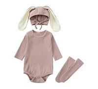 Alunsito Infant Baby Boy Girl Easter Clothes Long Sleeve Solid Color Romper Rabbit Ear Hat My First Easter Outfit 73 Khaki 6-9 Months