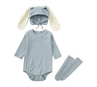 Alunsito Infant Baby Girl Boy Clothes Set Long Sleeve Knitted Romper + Bunny Ear Hat + Socks 3Pcs Easter Clothing Outfits