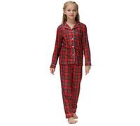 Alunsito Kids Cotton Pajamas Set Long Sleeve Button Down Top + Pants Spring Fall Nightwear Set Girls Boys Christmas Plaid Print Pjs 2pcs, 140, Red1, 9-10 Years