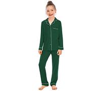 Alunsito Kids Solid Night Suit Long Sleeve Button-Down Top Pants Nightwear 2pcs Girls Boys Fall Winter Pajamas Set, 150, Dark Green, 11-12 Years
