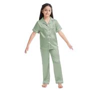 Alunsito Kids Toddler Baby Girl Boy Summer Fall Two Piece Pajamas Set Button Down Shirt Top with Pants 2Pcs Outfits 130 Light Green 7-8 Years