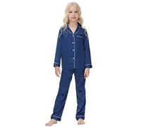 Alunsito Kids Unisex Pjs Set Girls Boys Silk Pajama Sets Satin Clasic Summer Fall 2 Pieces Long Sleeve Lapel Button Down Nighty 140 Long Blue 9-10 Years