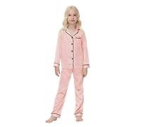 Alunsito Little Boys Girls Silk Pajamas Long Sleeve Button Down Lapel T-shirt Top + Elastic Waist Pants 2Pcs Spring Fall Casual Loungewear 120 Long Light Pink 5-6 Years