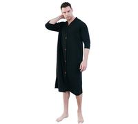 Alunsito Men's Button Robe 3/4 Sleeve Housecoat Soft Waffle V-neck Nightgown Loungewear with Pockets Man Black Large