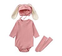 Alunsito Spring Summer Clothes for Infant Baby Boy Girl Knit Sweatshirt Romper Solid Color Bodysuit Top Socks Bunny Ear Hat 3Pcs Outfits 80 Pink 9-12 Months