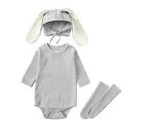 Alunsito Spring Summer Clothes for Infant Baby Boy Girl Knit Sweatshirt Romper Solid Color Bodysuit Top Socks Bunny Ear Hat 3Pcs Outfits 90 Grey 1-2 Years