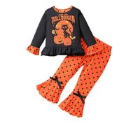 Alunsito Toddler Baby Girl Halloween Outfit Pumpkin Sweatshirt Top Bell Bottom Flare Pants Set 2Pcs Fall Winter Clothes 130 Orange 7-8 Years