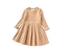 Alunsito Toddler Girl Long Sleeve Ruffle Pleated Dress Little Girls Solid Color Knitted Sweater Dresses, 100, Beige, 3-4 Years