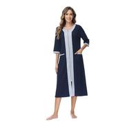 Alunsito Women Zipper Robes Full Zip Half Sleeve Loungewear Fall Winter Color Block Lounge Nightgown with Pockets